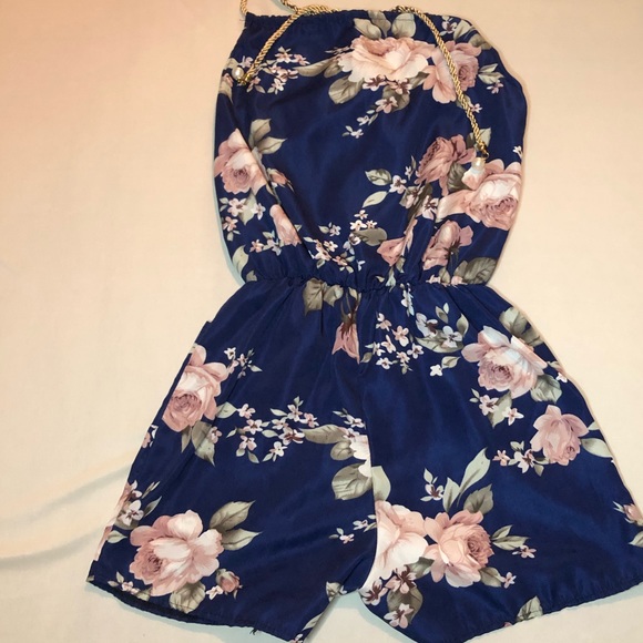 Pants - Navy blue halter short romper with floral accents, gold neck ties, small
